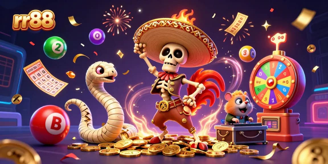 Celebrate big wins at RR88 with vibrant characters dancing in a 3D casino scene