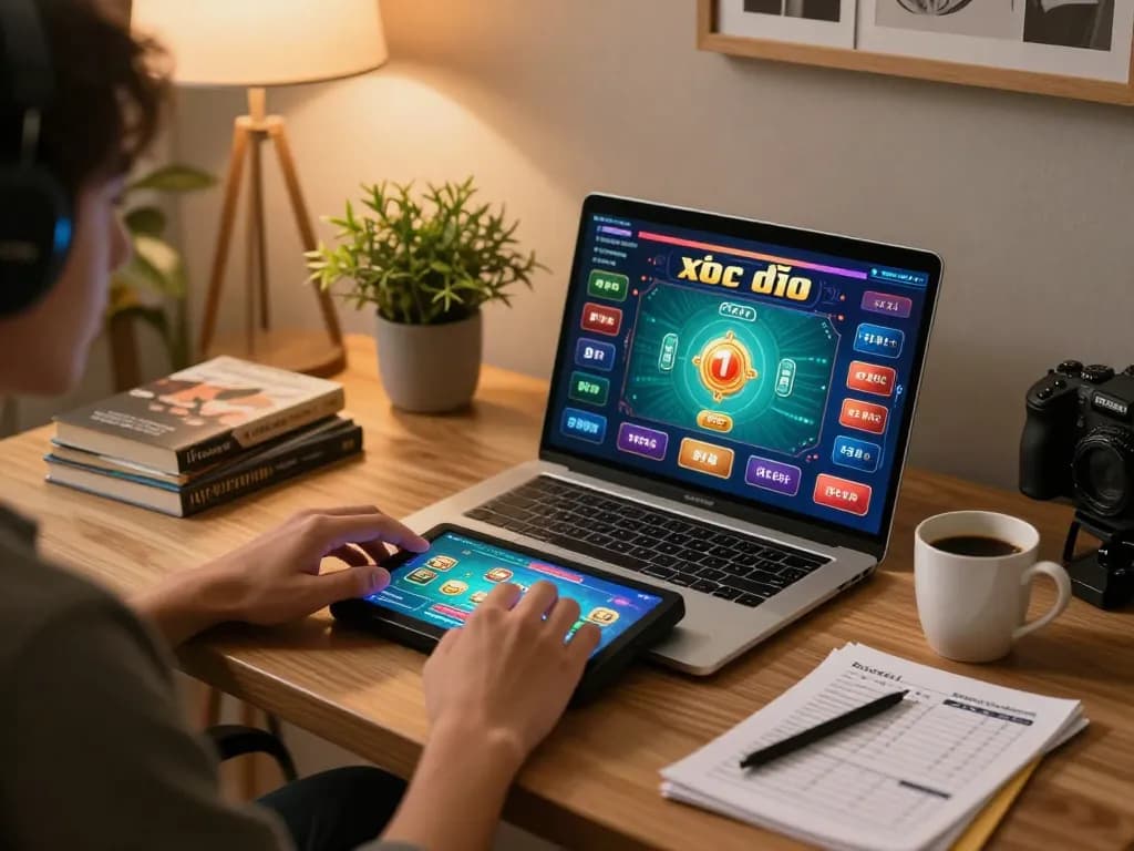 Xóc đĩa online game setting on laptop, showcasing engagement and exciting gameplay.