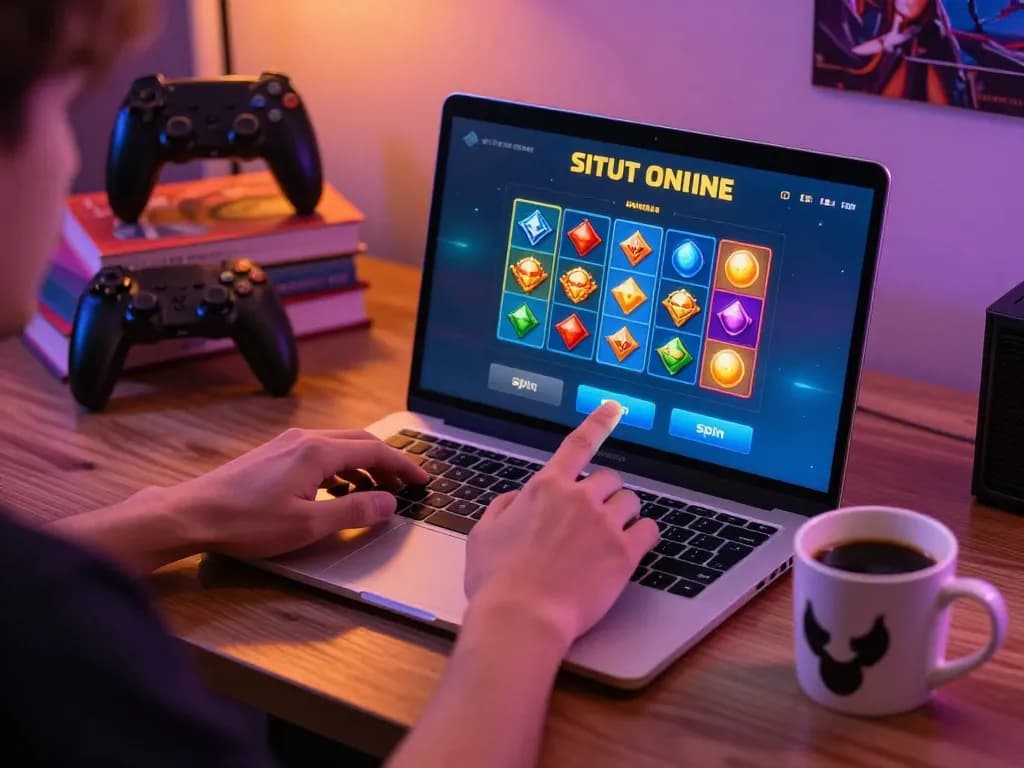 Pemain yang terlibat menggunakan antarmuka situs slot online di laptop, menunjukkan pengaturan permainan interaktif dengan kopi.