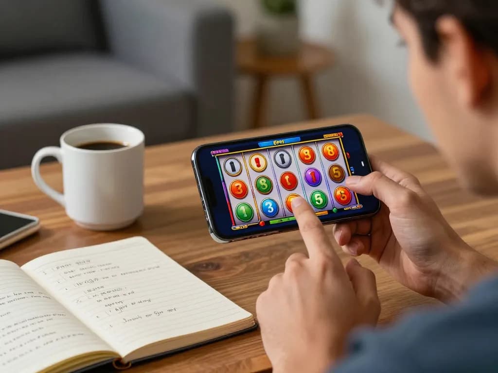 Terlibat dalam permainan slot pulsa di smartphone selama sesi nyaman di rumah, menunjukkan persiapan strategis dan kegembiraan.