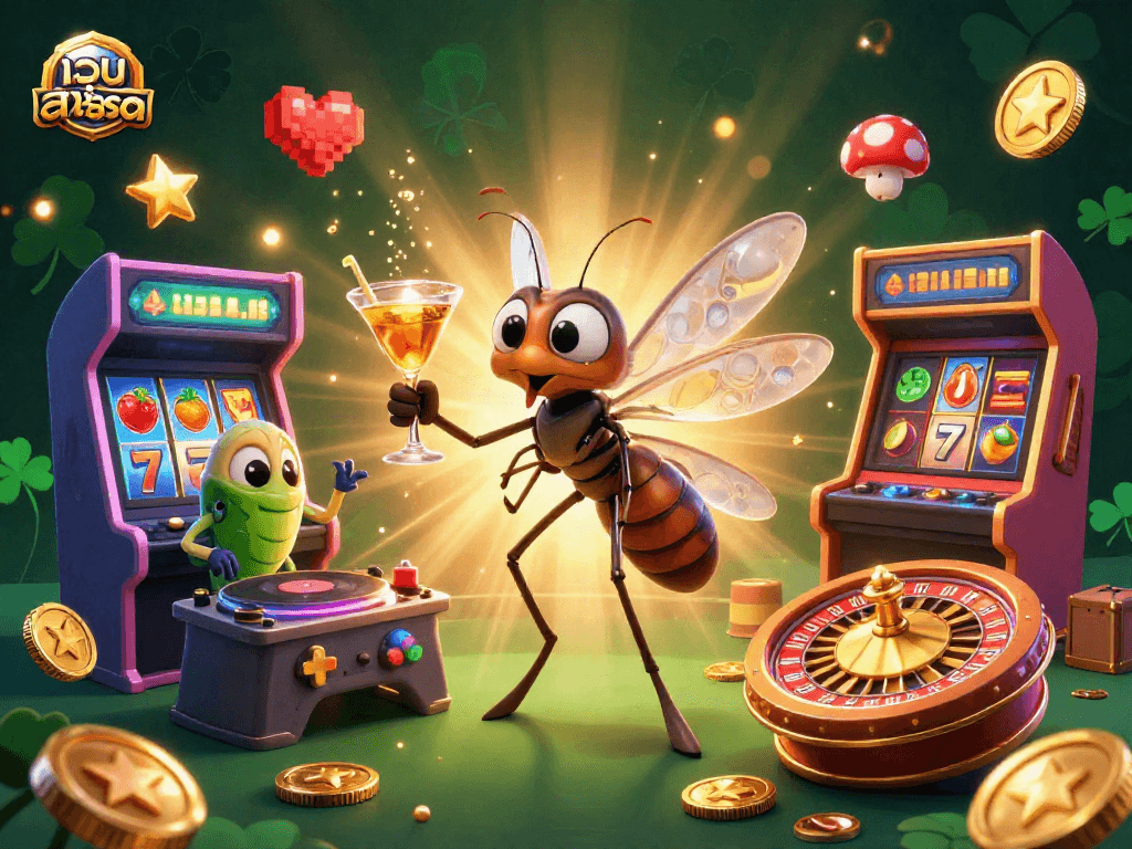 Experience เว็บสล็อต with vibrant slot visuals and retro arcade themes in this captivating casino illustration.
