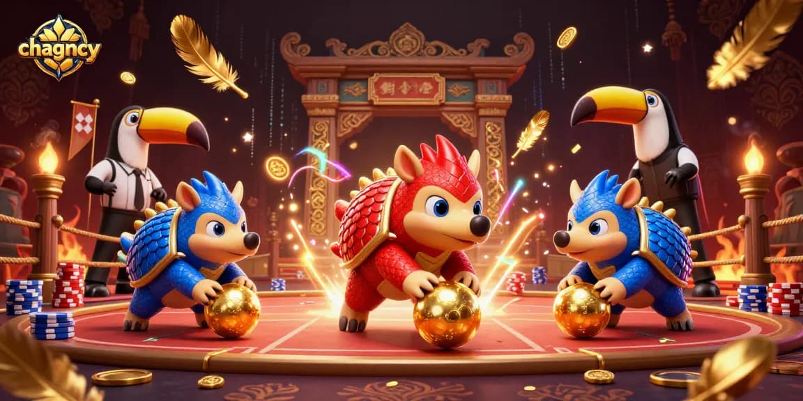 Experience excitement at chagency with rival pangolins competing amid falling poker chips and confetti.