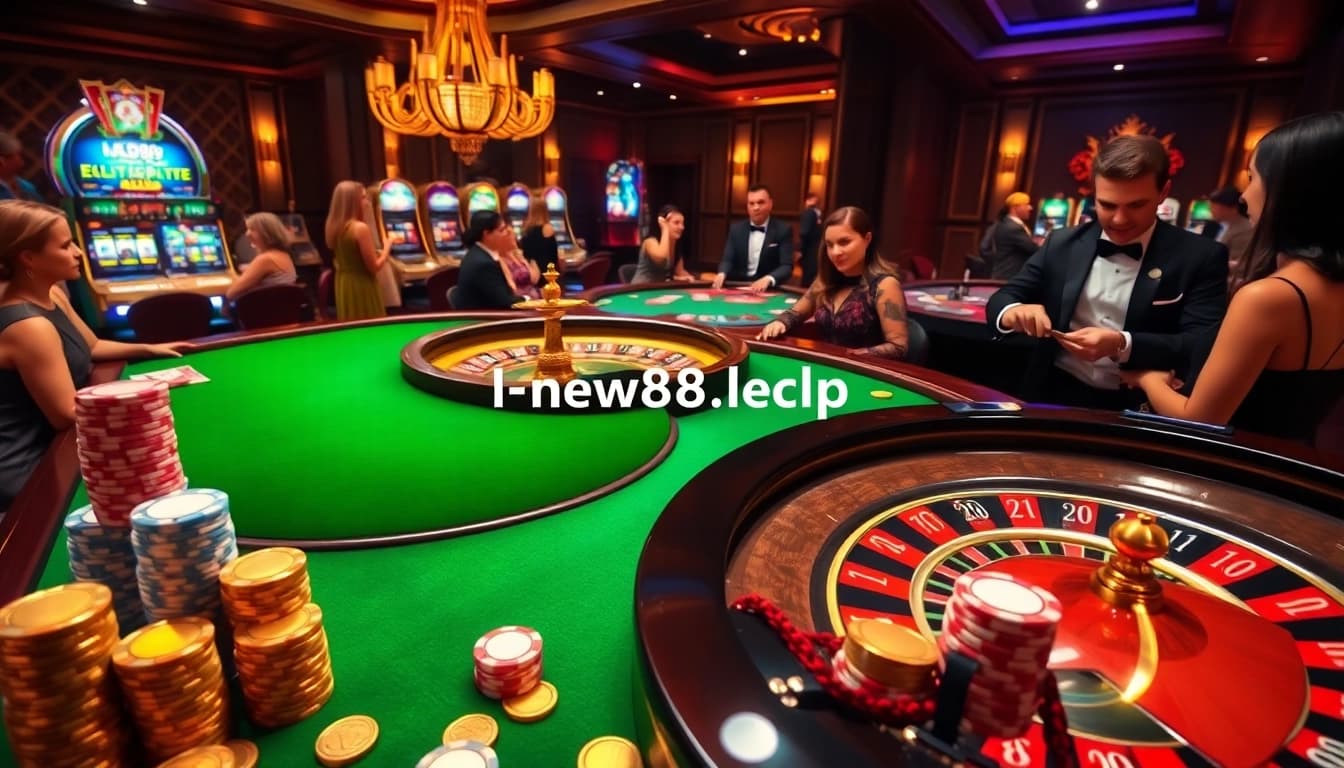 Engage in thrilling gameplay at https://new88.help/ with a luxurious casino atmosphere featuring roulette, cards, and vibrant poker chips.