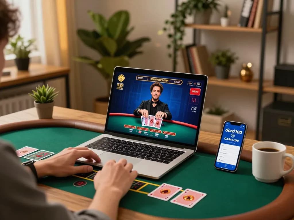 Pemain berinteraksi dengan permainan online dewi100 di laptop, menampilkan aksi blackjack dealer langsung dalam suasana yang nyaman.