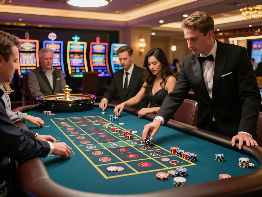 Players at a luxurious Kasino betting on a vibrant roulette table while enjoying a lively atmosphere