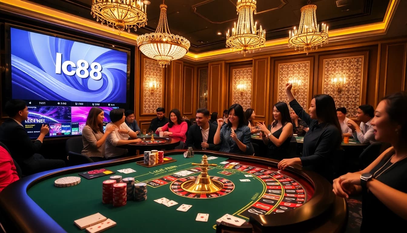Players enjoying an exciting gaming experience at lc88 casino with poker chips and roulette wheel.