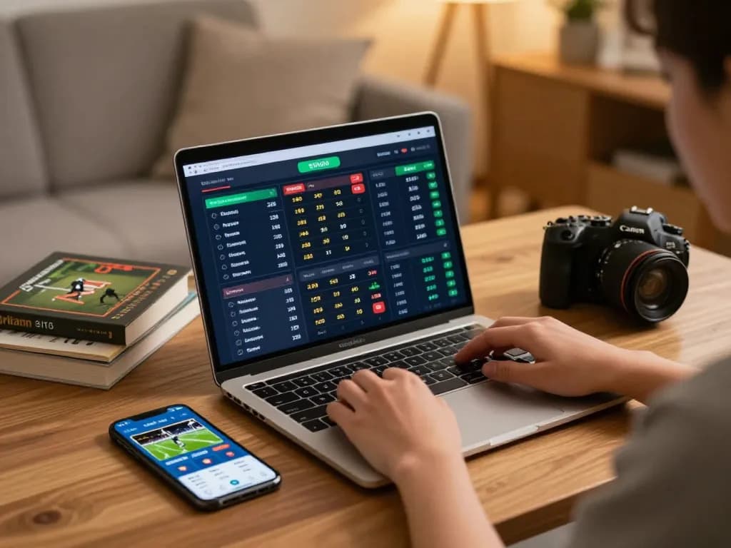 Engaging in sports betting at nk88mvp, displaying odds on laptop while relaxing at home.