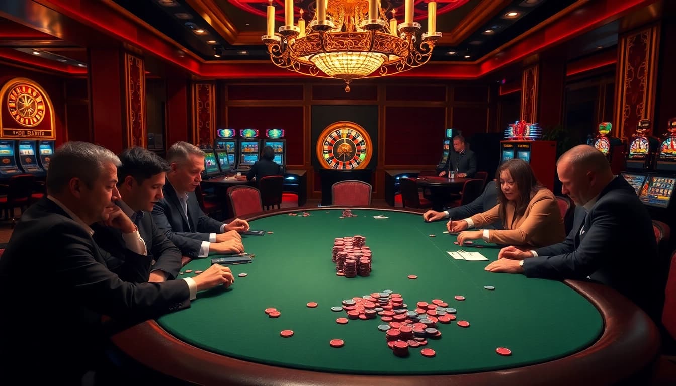 OKFUN players celebrating wins at a high-stakes poker table in a luxurious casino setting.