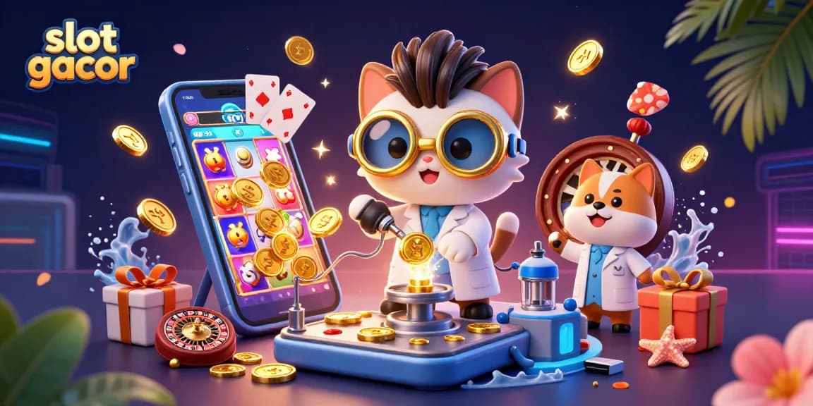 Permainan slot gacor yang mengasyikkan dengan karakter sains dan efek emas menyala.