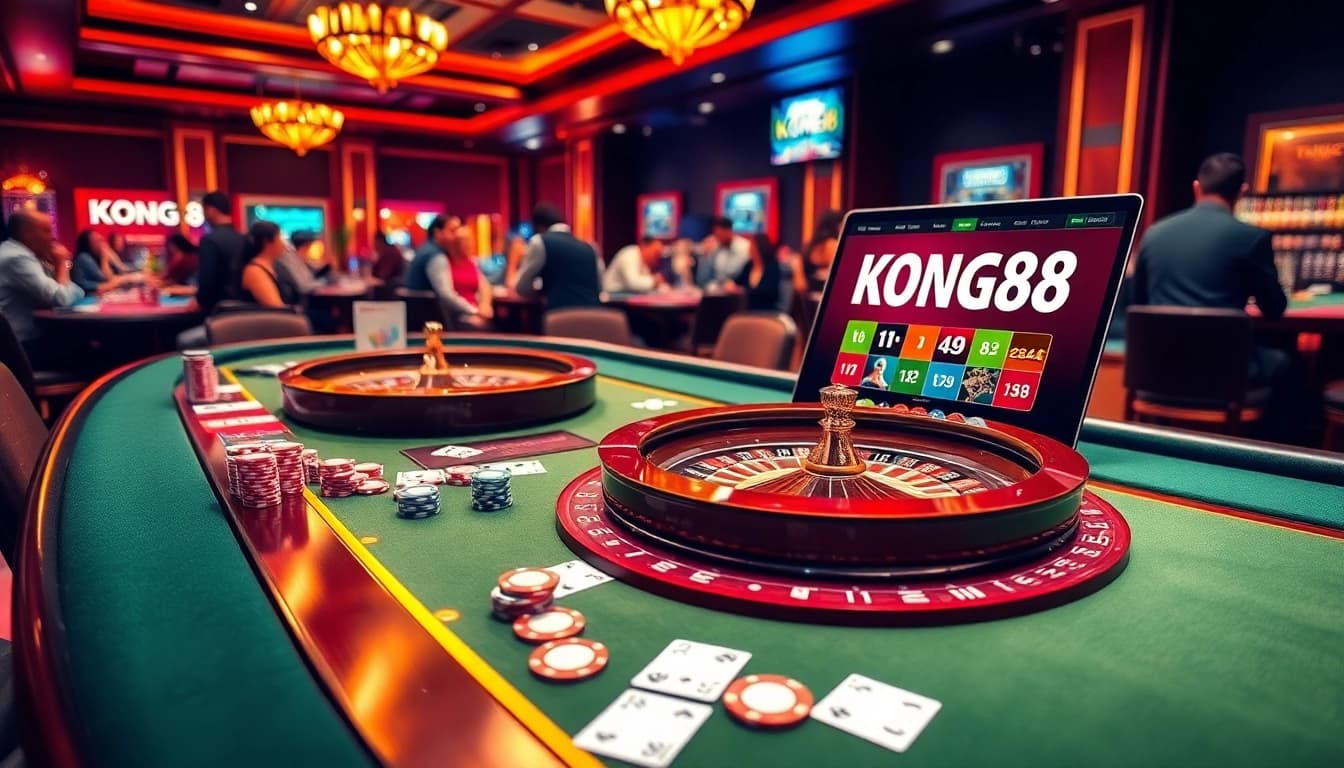 KONG88 casino scene with a vibrant gaming table, poker chips, and online presence for enhanced excitement.