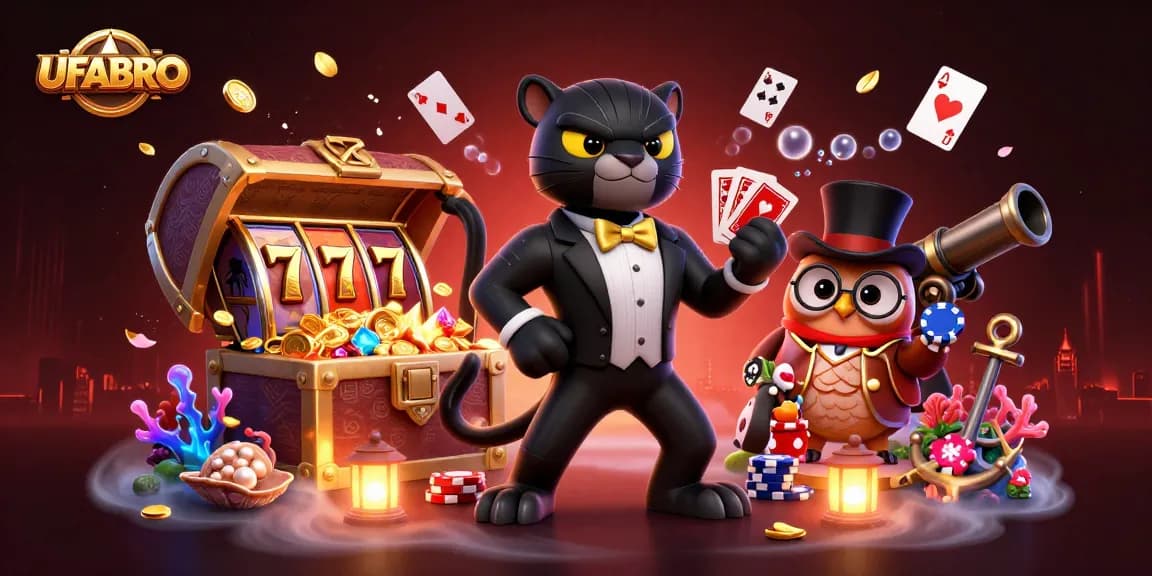 Engage with UFABRO, where a stylish black panther deals cards amidst vibrant casino elements, offering exciting gameplay.