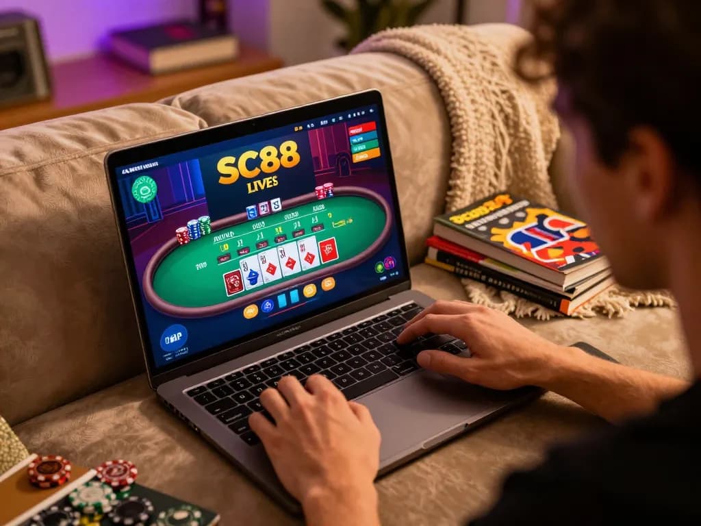 Player engaging with SC88 live dealer games, focusing on strategy and enjoyment in a cozy home setup