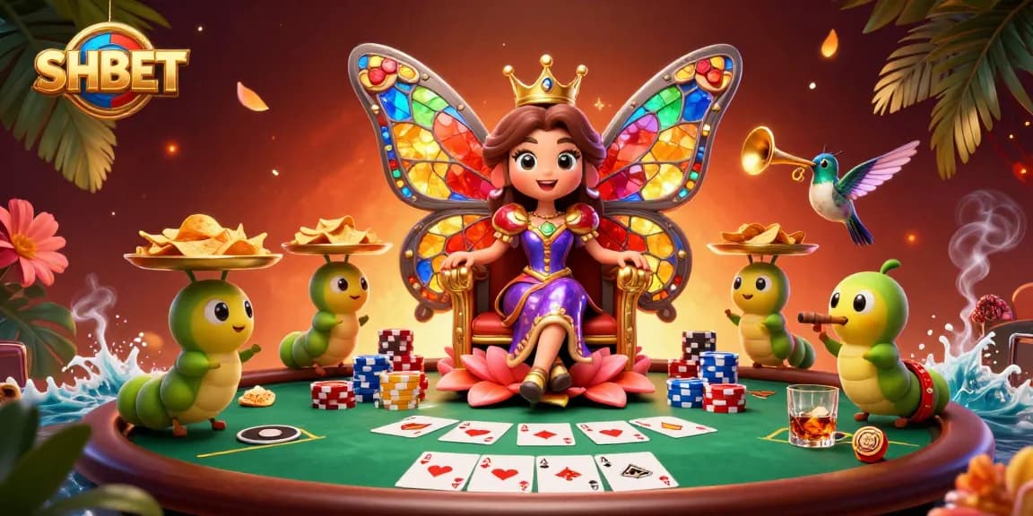 Engage with SHBET's dynamic gambling scene featuring a butterfly queen and poker elements.