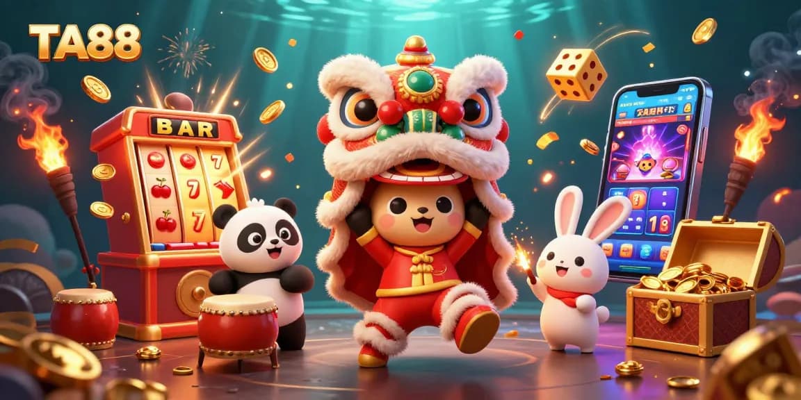Engage with TA88's vibrant casino scene featuring thrilling slot machine action and festive characters.