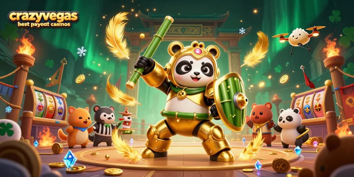 Crazyvegas best payout casinos showcases a golden panda in a mech-suit amidst energetic slot action.