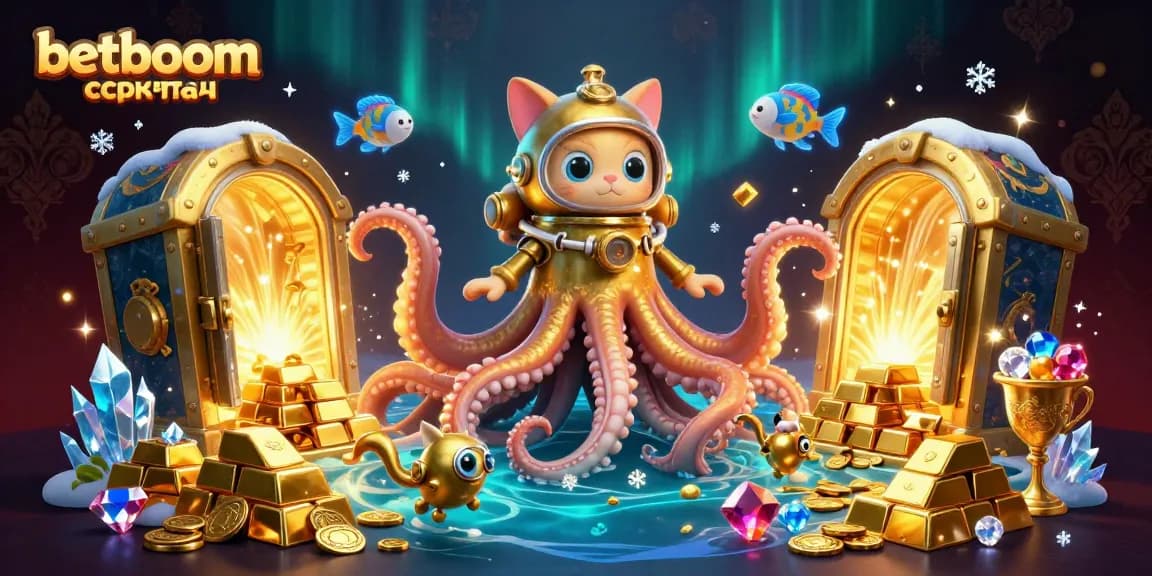 Experience betting with betboom скачать through a rich illustration featuring a kraken and treasures.