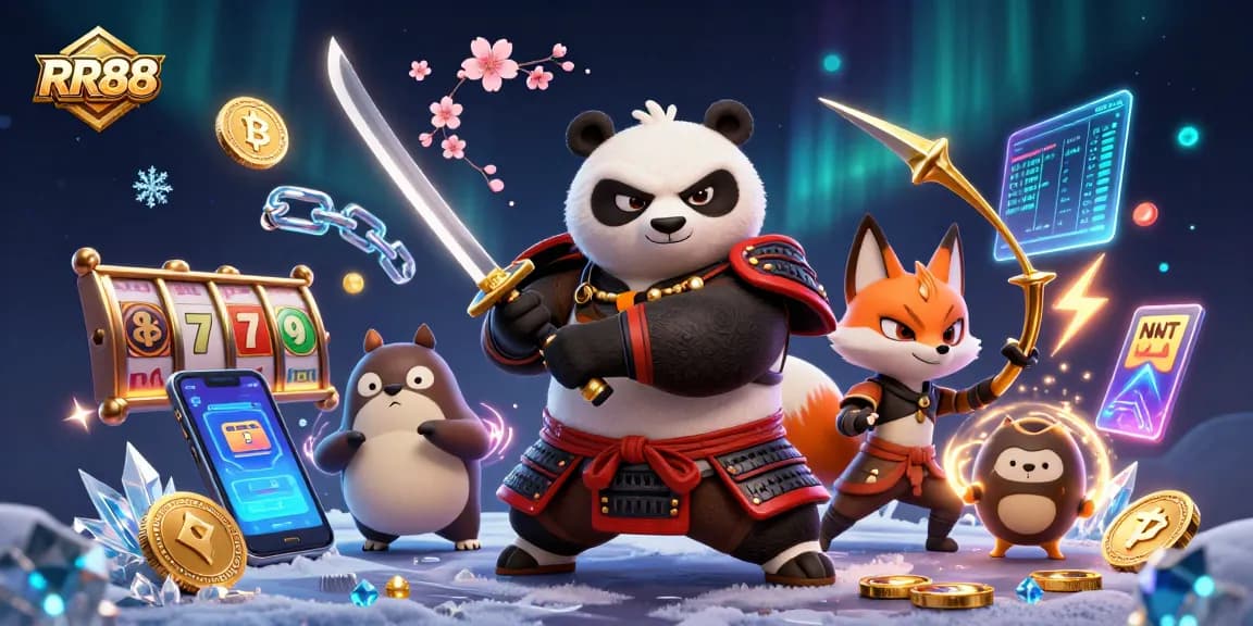 Experience thrilling gameplay at RR88 with lively characters amidst slot reels and vibrant casino elements.