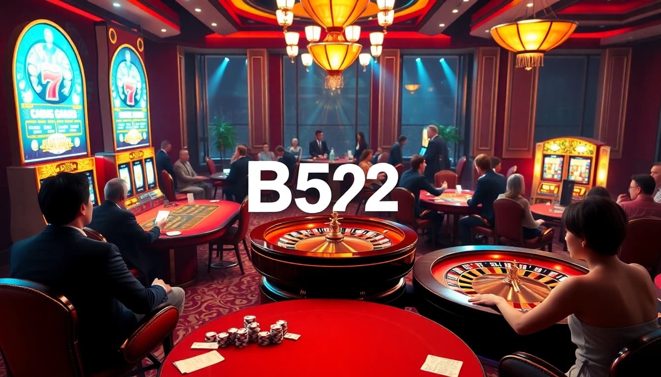B52 gaming experience with players at poker tables and slot machines.
