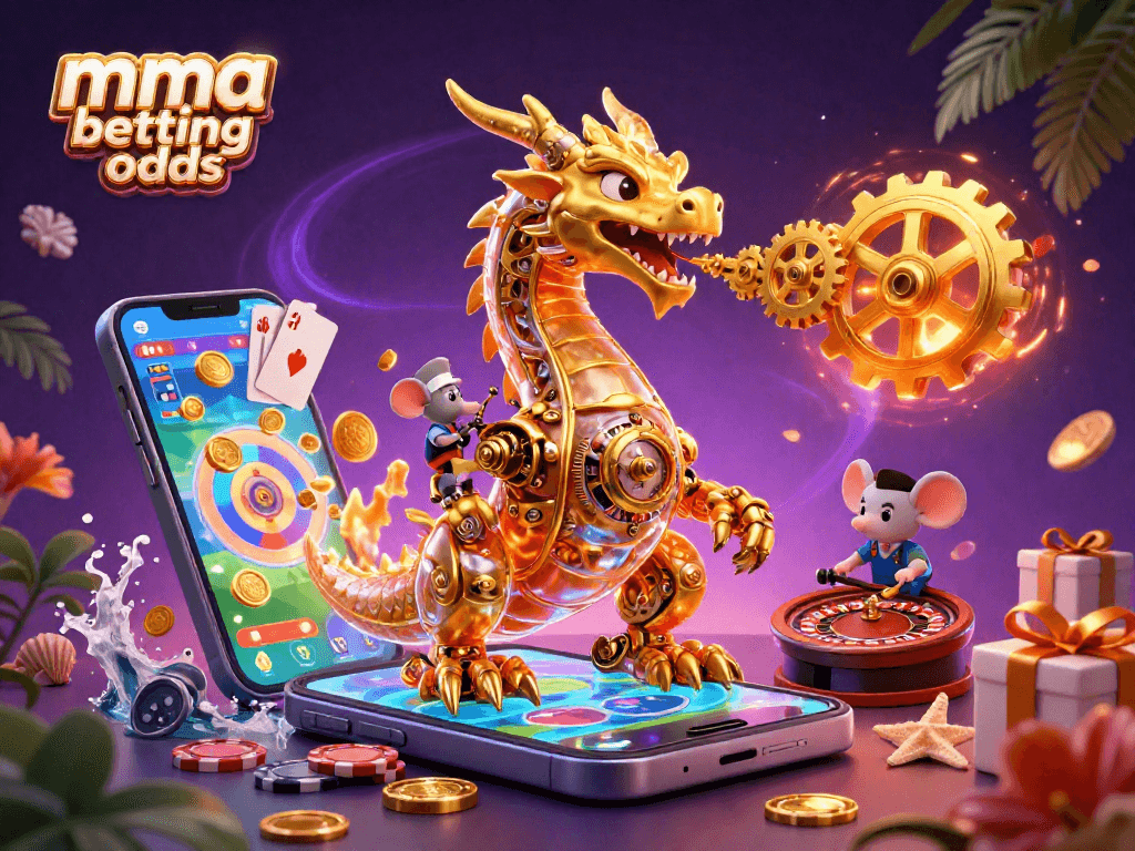 Bet on the latest mma betting odds with a vibrant 3D dragon scene full of engaging elements.