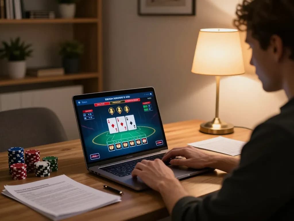 Engage in thrilling PLANT88 poker gameplay on a stylish laptop at a cozy desk.