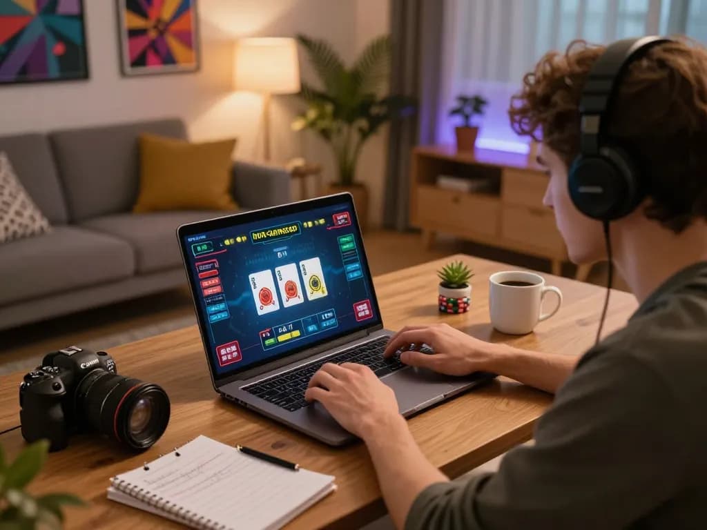 Playing at non gamstop casinos on a sleek laptop in a cozy modern living room setup