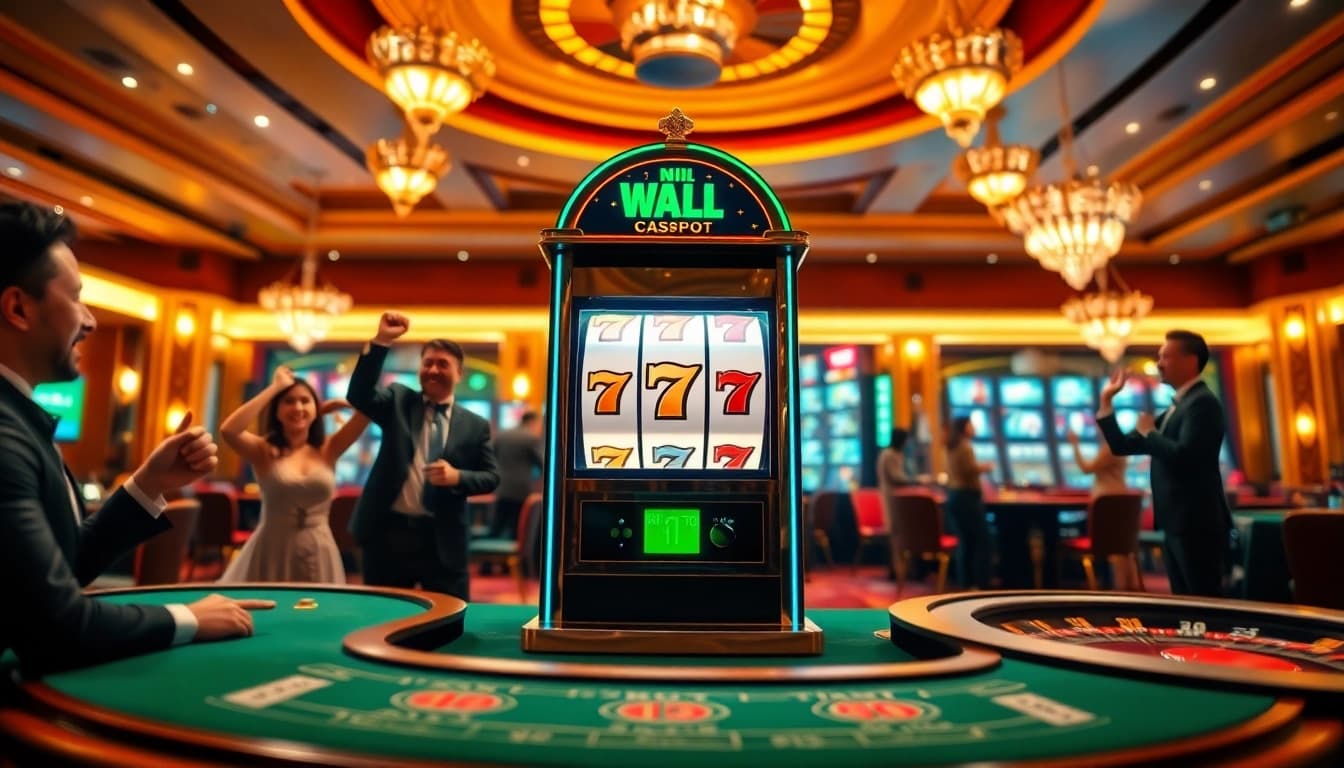 Nổ Hũ Đổi Thưởng slot machine filled with players celebrating big wins in a luxurious casino.