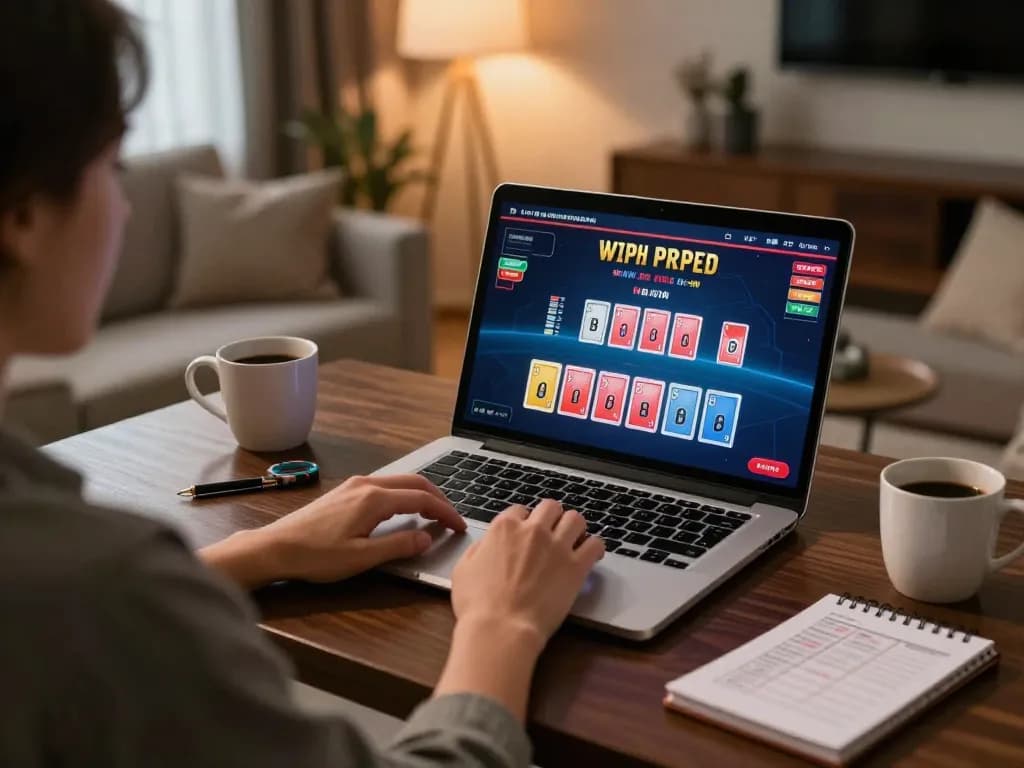 Player enjoying blackjack on fabet, showing laptop gameplay with cards and chips.