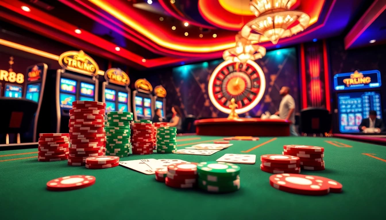 Experience thrilling gameplay at RR88 with luxury gaming tables and vibrant slot machines.