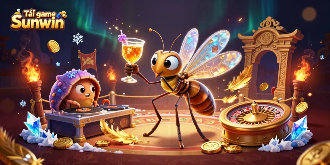Tải game Sunwin with a 3D cartoon mosquito mascot and a trilobite DJ, exhibiting vibrant casino elements.