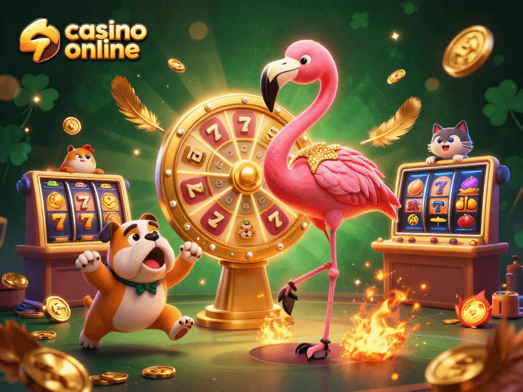 Engage with thrilling casino online fun featuring a flamingo host and bulldog contestant.