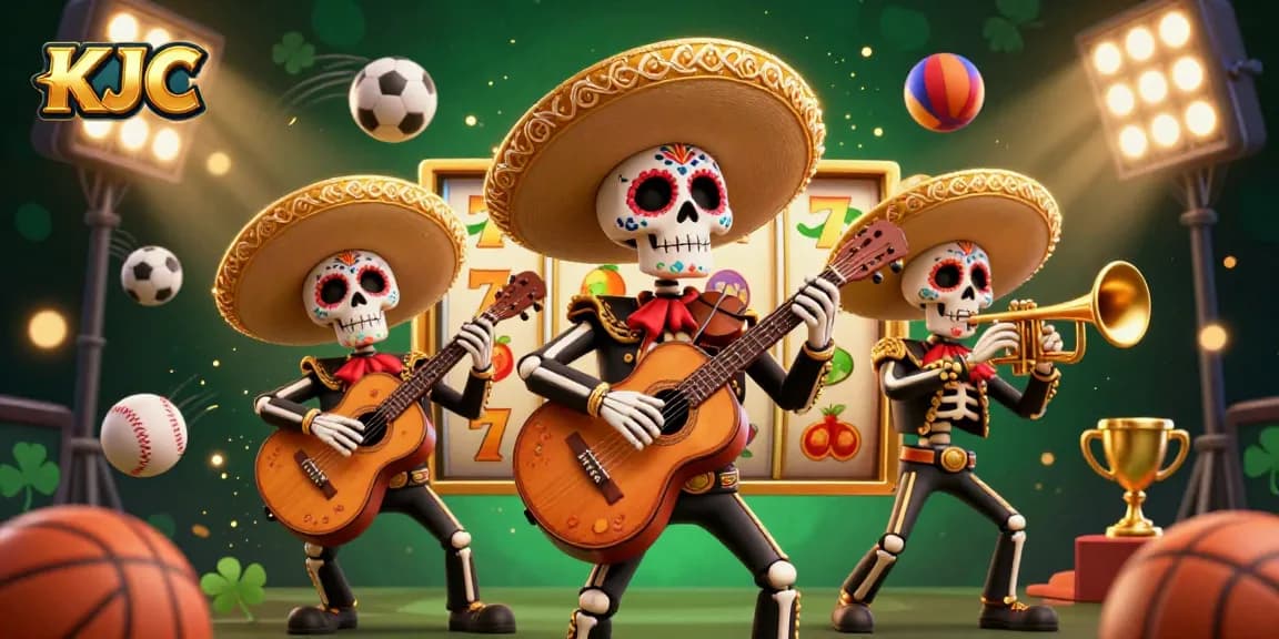 KJC captivates with a vibrant 3D scene featuring mariachi band skeletons and dynamic casino elements.