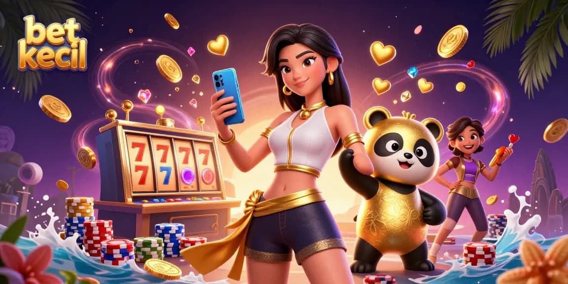 Engage in bet kecil slots and enjoy minimal risk with an elegant woman holding a gaming smartphone.
