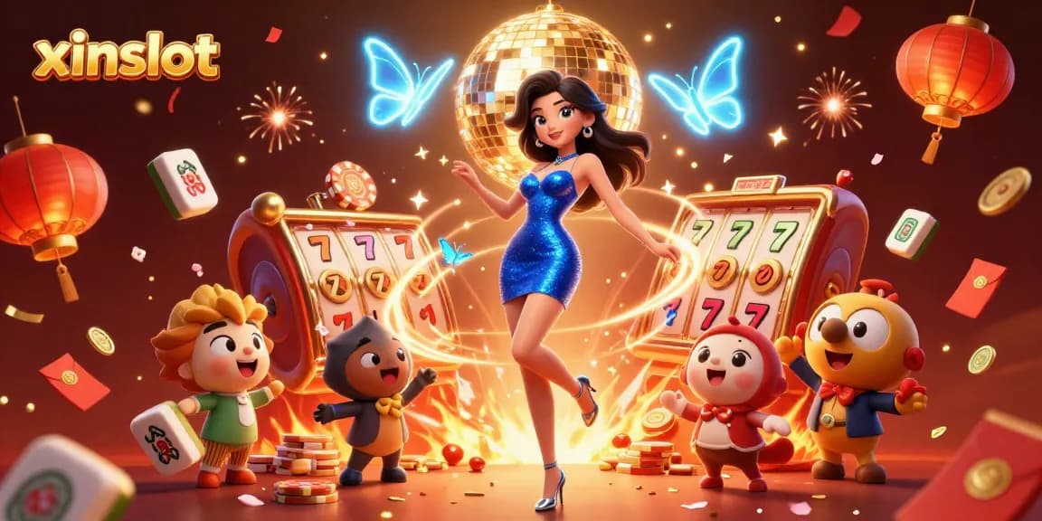 XINSLOT offers thrilling game experiences with dynamic visuals of a glamorous scene featuring slot reels, ensuring an engaging online gaming adventure.