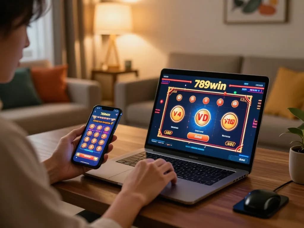 Engaging in online casino betting on 789win with laptop and smartphone, showcasing lively gaming atmosphere.