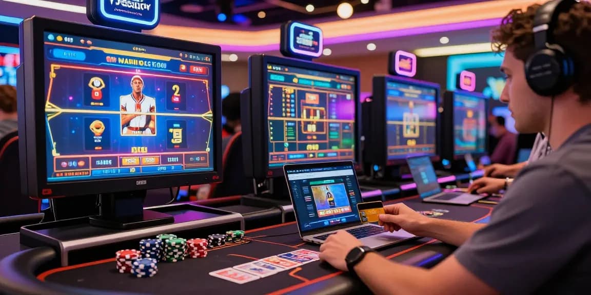 Engaged player using credit card casinos for online gaming, showcasing vibrant casino atmosphere.