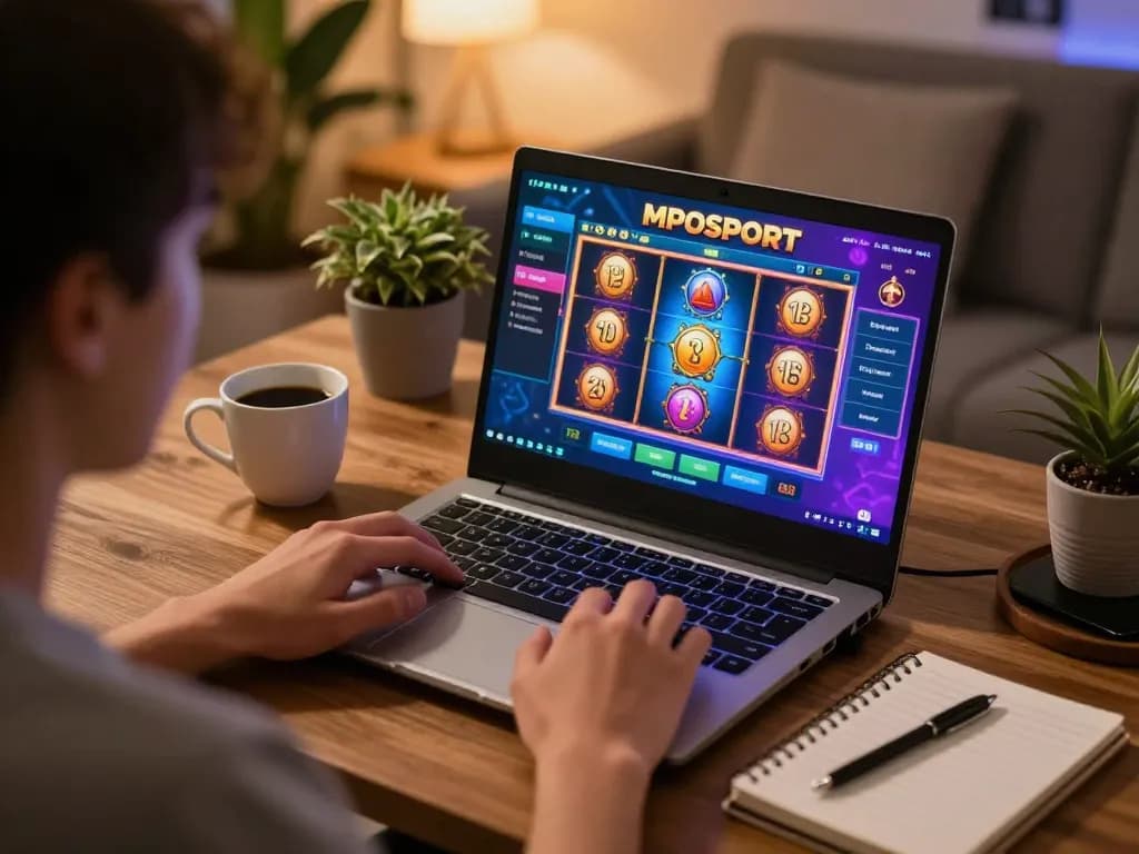 Engaging in MPOSPORT slot gameplay on a laptop in a cozy home setting, showcasing personal gaming atmosphere.