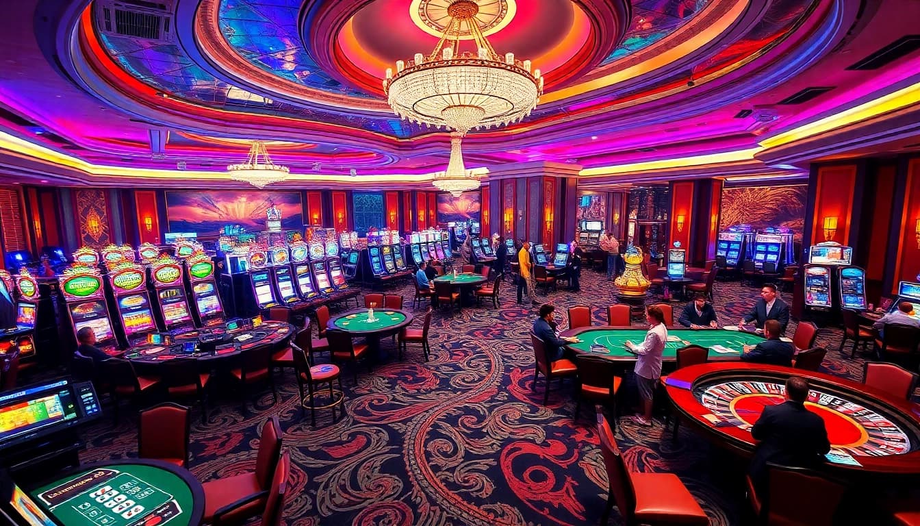 Situs11 daftar players strategizing at a vibrant poker table in a luxurious casino, showcasing excitement and high-stakes.