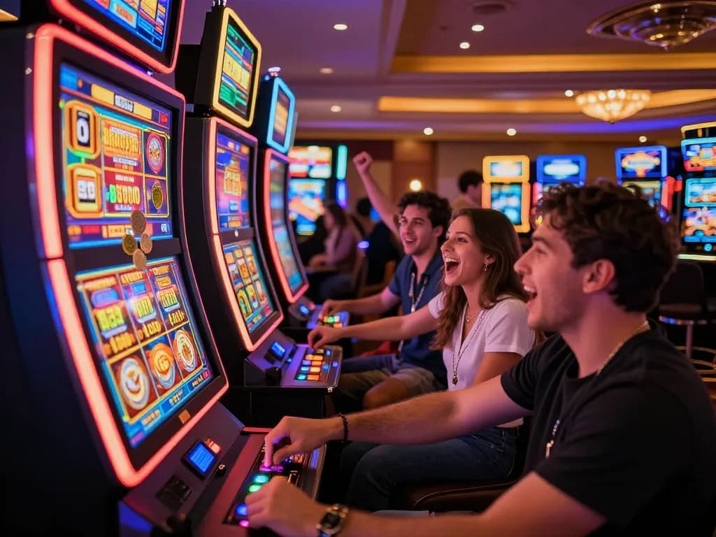 Experience the joy of winning with bonus new member 100 at a lively slot machine area, filled with vibrant lights and excited players.