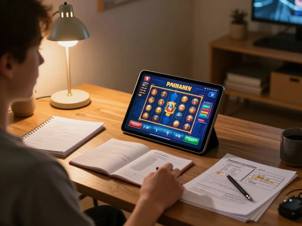 Engaging in online slot gaming on a tablet in a cozy home office setting