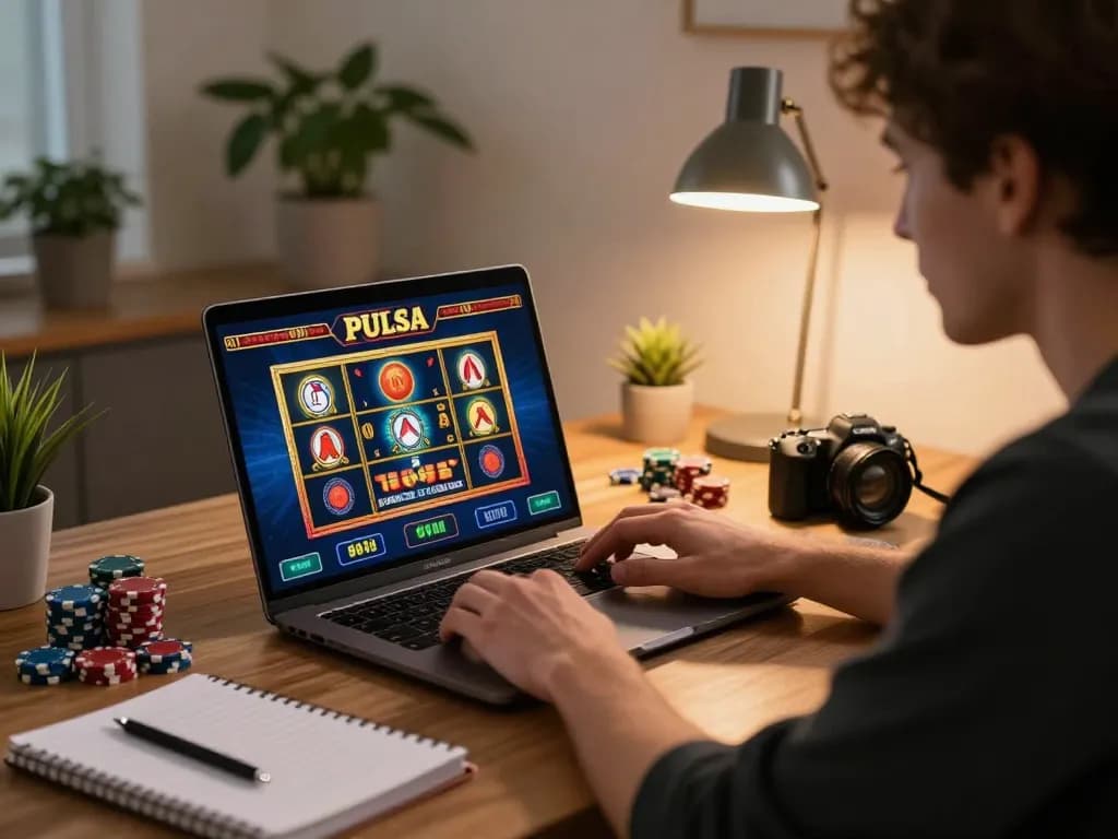 Engaging in a thrilling slot pulsa game on a laptop in a cozy home office environment.