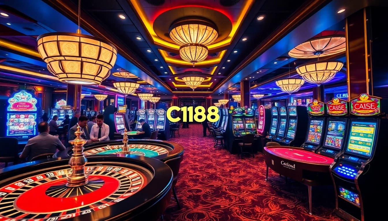 C168 players enjoy an exciting casino atmosphere with roulette wheels, poker tables, and vibrant slot machines.