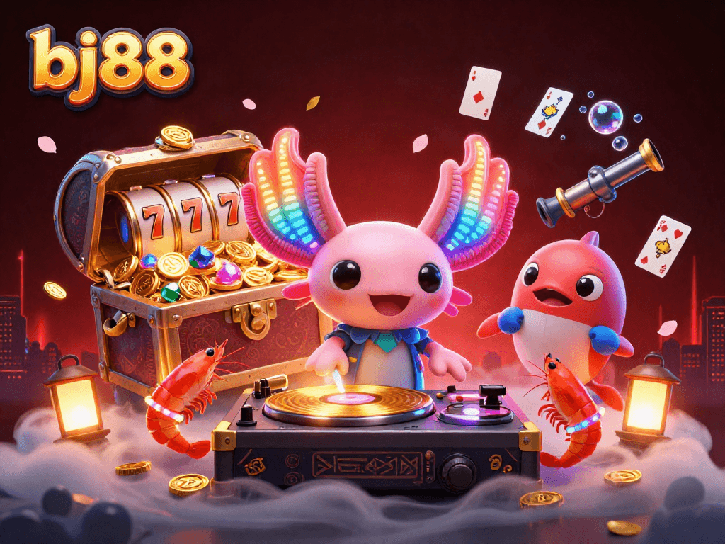 Engage with bj88's vibrant casino atmosphere featuring a lively axolotl DJ and magical treasures.