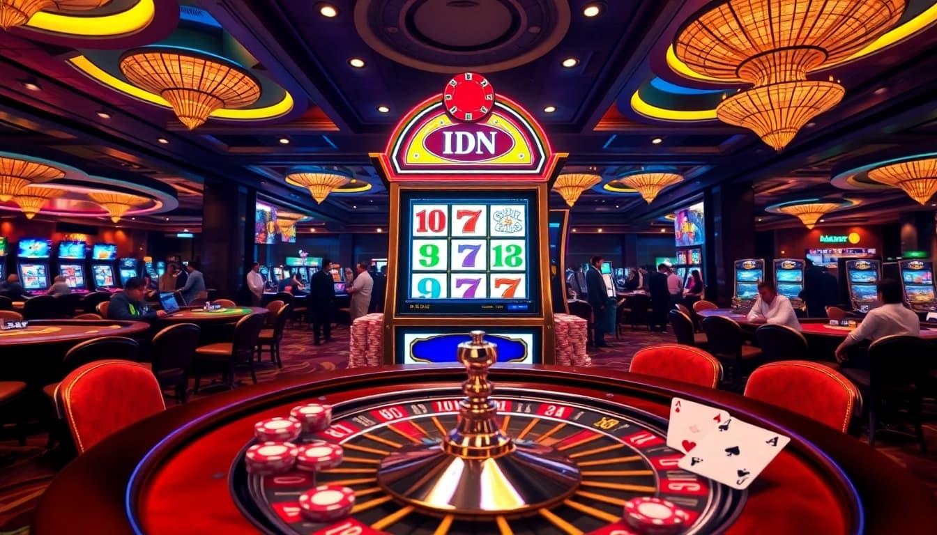Spin the colorful IDN slot machine surrounded by poker chips and cards in a luxurious casino setting.