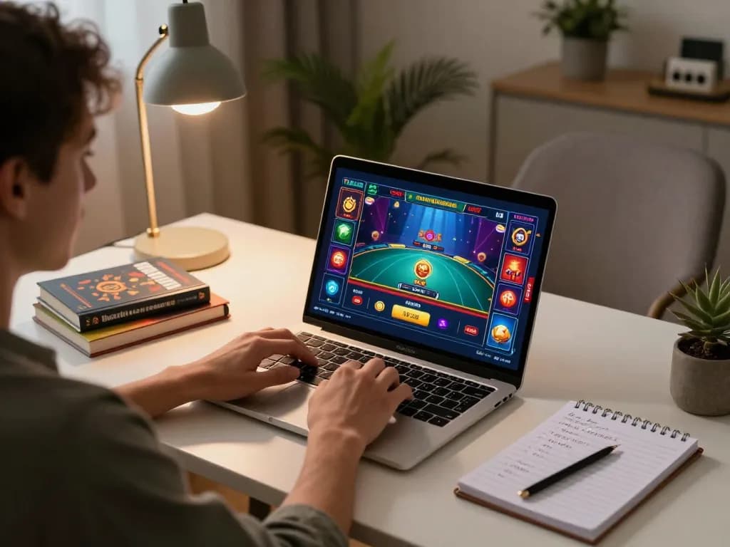 Engaging in strategic betting with nhà cái gg88 on a vibrant online gaming setup featuring a laptop interface and notes.