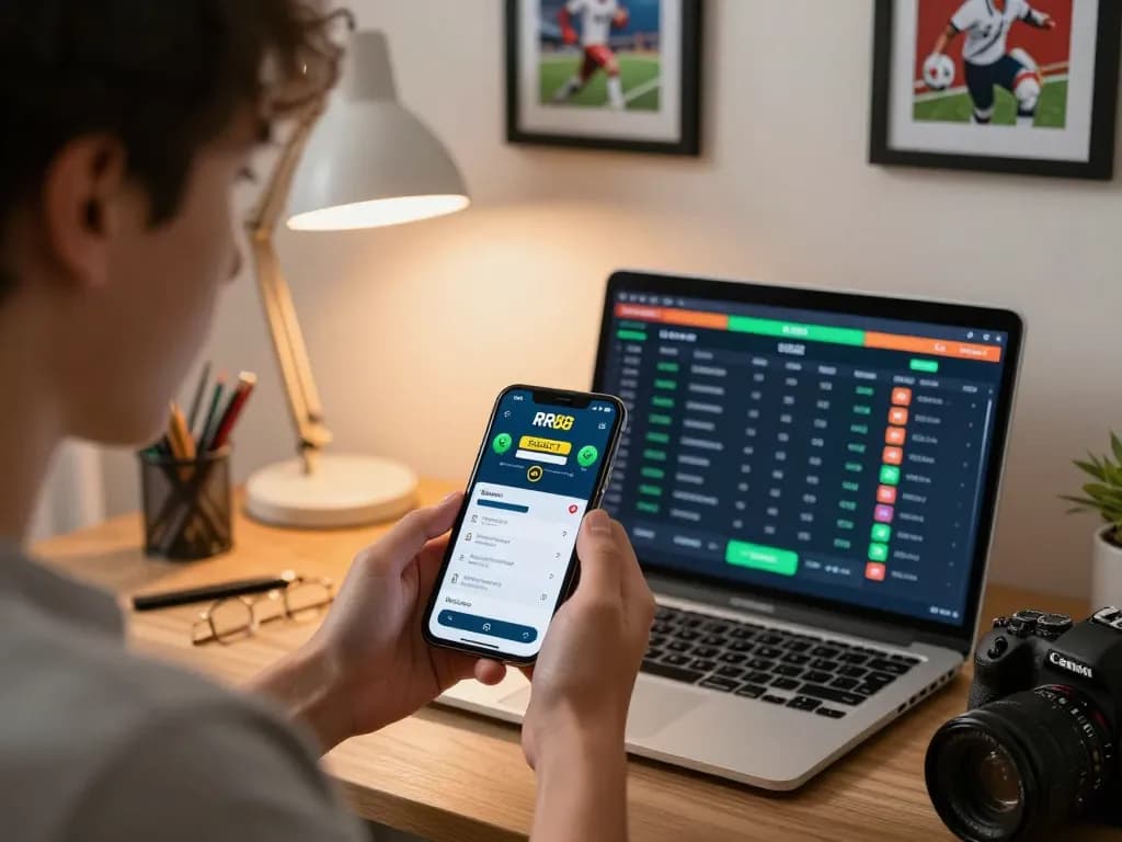 Engaging player using RR88 SELECT for sports betting on smartphone in modern home office.