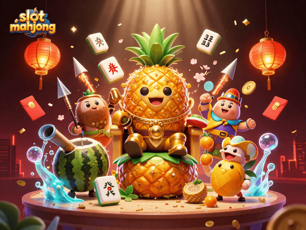 Engage in slot mahjong fun with a fantasy pineapple king and vibrant casino elements.