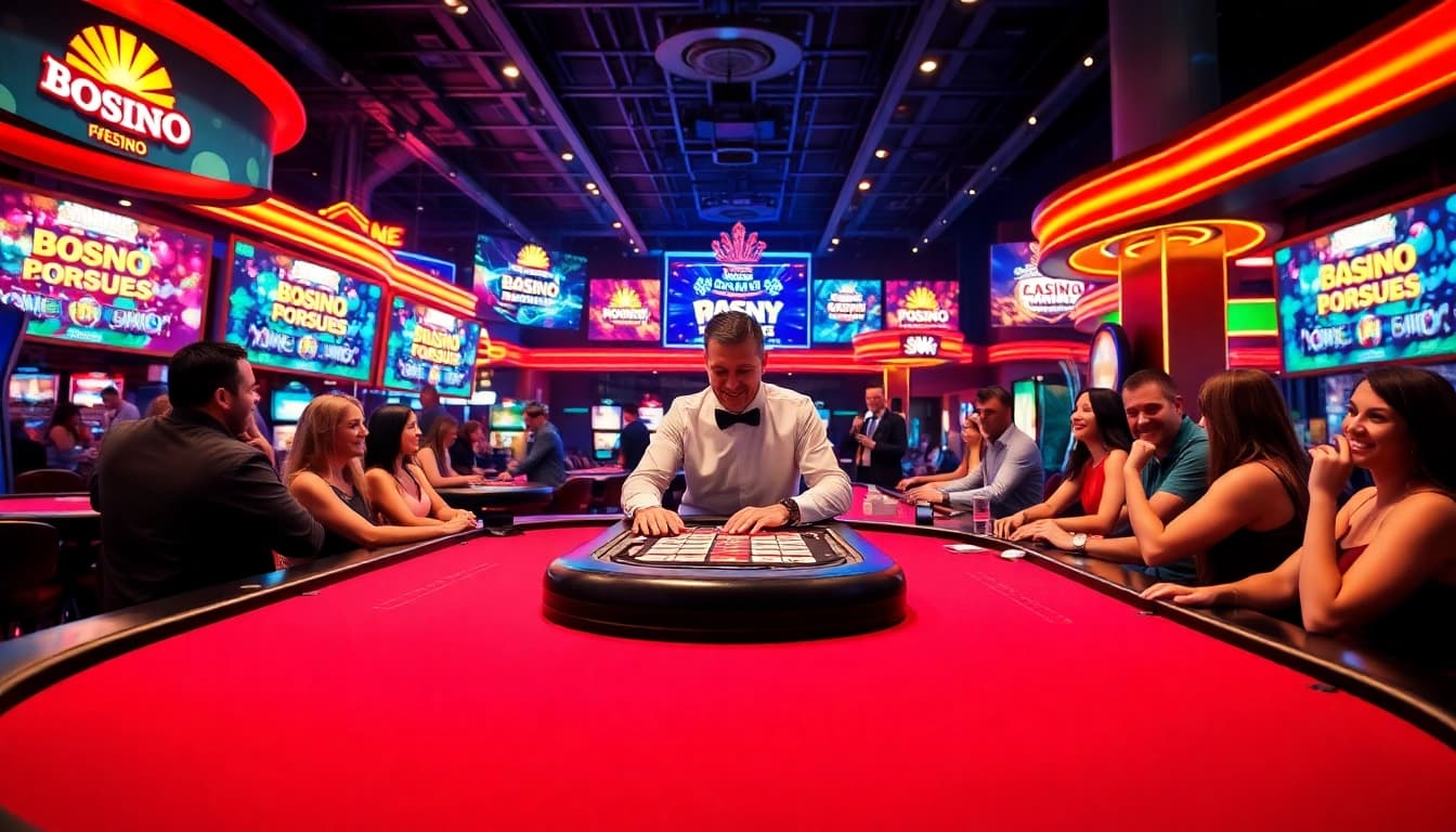 Players enjoying casino bonuses at a lively table with neon lights and an engaging dealer.