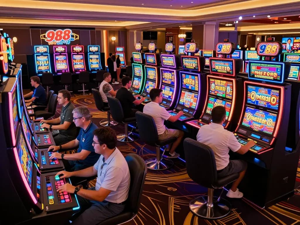Engaged players enjoying the 988slot experience on a vibrant casino floor filled with colorful slot machines.