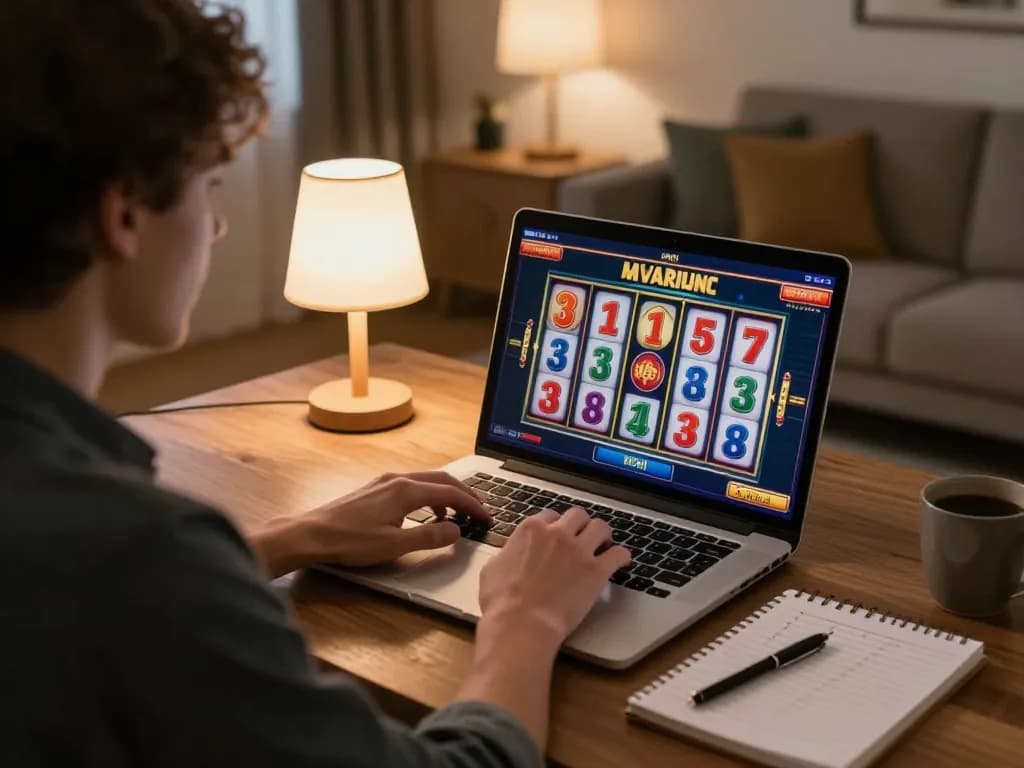 Player enjoying a strategic gaming session at home on 98win platform, focused on slot machine interface.