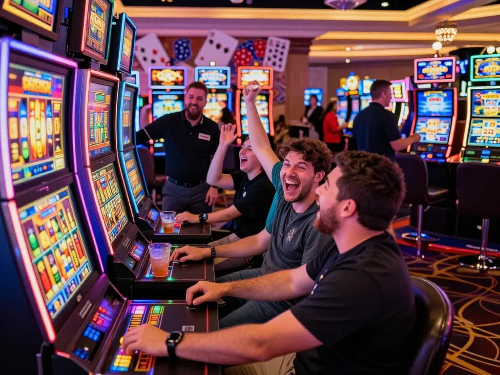 Teman-teman menikmati sesi permainan yang mendebarkan di mesin slot link di kasino Las Vegas yang hidup.